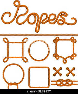 Set Ropes, Knots and Frames of rope. Vector illustration isolated on white background Stock Vector