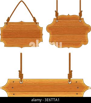 Collect Wooden Board Frames with Ropes and Knots. Vector illustration isolated on transparent background Stock Vector