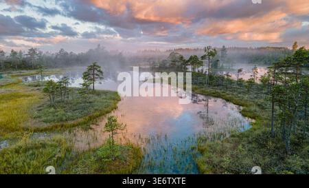 The reflection of clouds in a bog lake on a misty autumn morning. Aerial photo. Stock Photo