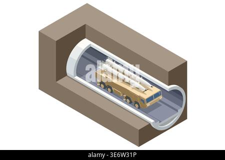 Isometric ballistic missile launcher emerging from a mountain tunnel in a military base. Mobile rocket system and underground shelter defense mobility Stock Vector