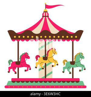 Colorful Vintage Carousel With Horses Carnival Amusement Ride Vector Illustration Stock Vector