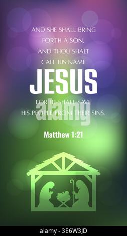 Christian Christmas Nativity Bible Verse With Jesus Name And Manger Silhouette Vector Illustration Stock Vector