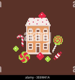 Gingerbread Candy House Illustration with Sweet Christmas Treats in Pixel Art Style Vector Illustration Stock Vector
