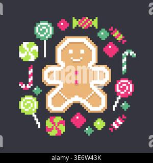 Gingerbread Man Cookie Surrounded by Colorful Christmas Candy Vector Illustration Stock Vector