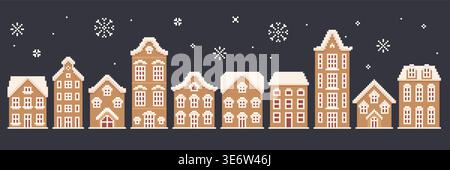 Gingerbread Holiday Village with Snowy Houses in Pixel Art Vector Illustration Stock Vector