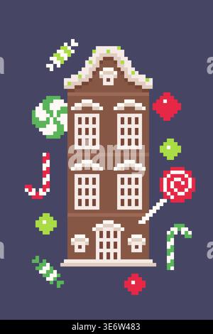 Tall Gingerbread Candy House with Christmas Sweets in Pixel Art Vector Illustration Stock Vector