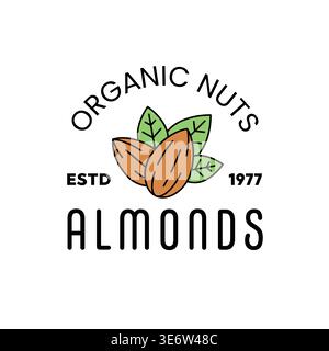 Organic Nuts Almond Badge with Green Botanical Leaves and Vintage Typography Layout Stock Vector