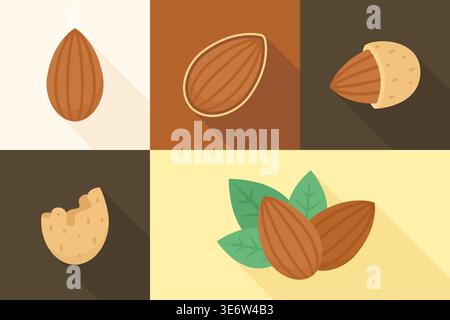 Set of almond nuts and shells in four color blocks vector illustration Stock Vector