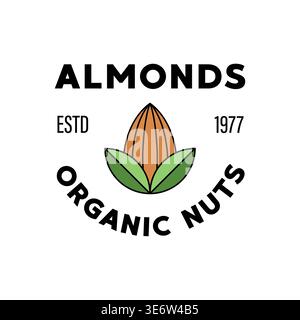 Retro Organic Almond Nuts Label with Established Year Text and Leaf Icon in Minimal Layout Stock Vector