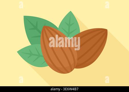 Two almonds with green leaves on yellow background vector illustration Stock Vector