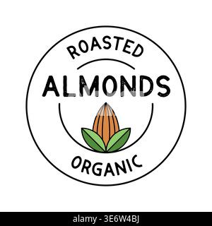 Organic Roasted Almond Badge with Green Leaves and Simple Circular Vector Label Design Stock Vector