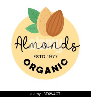 Warm Beige Organic Almond Badge with Handwritten Logo and Natural Nut Elements Stock Vector