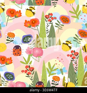 Seamless Pattern with Cute Summer Flowers, Rainbow and Bees Stock Vector