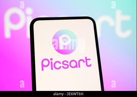 Paris, France - April 8, 2026 : A smartphone displaying the Picsart logo, an AI-powered creative platform for photo and video editing. Stock Photo