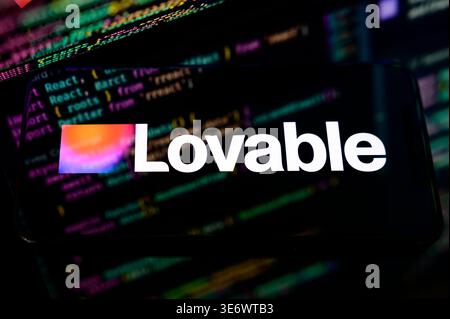 Paris, France - April 1, 2026: The Lovable AI logo on a smartphone screen, showcasing a full-stack AI application development platform for creators. Stock Photo