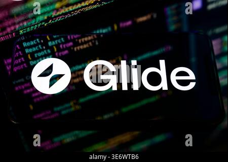 Paris, France - April 1, 2026: Close-up of the Glide logo on a digital screen, representing the AI-powered no-code app building platform. Stock Photo