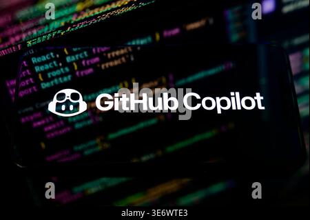 Paris, France - April 1, 2026: The GitHub Copilot logo displayed on a smartphone screen, illustrating the AI-powered code completion tool for develope Stock Photo