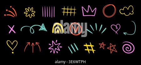 Colorful neon scribble elements set on dark Stock Vector