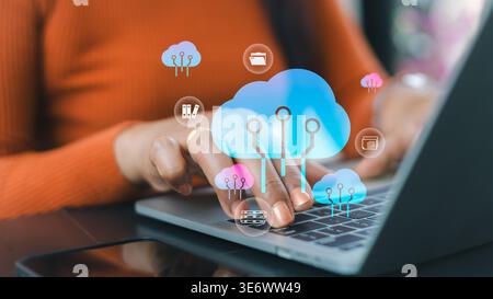 Cloud computing data storage concept.Digital transformation for small business.Secure online database management system.Businesswoman working on lapto Stock Photo
