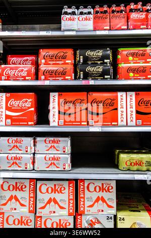 Epsom, London UK, April 08 2026, Selection of Coca Cola Fizzy Carbonated Soft Drink Multipacks Stock Photo