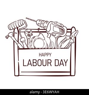 Happy Labour Day illustration with toolbox filled with construction tools in line art style. Design on white background for greeting card, poster and Stock Vector