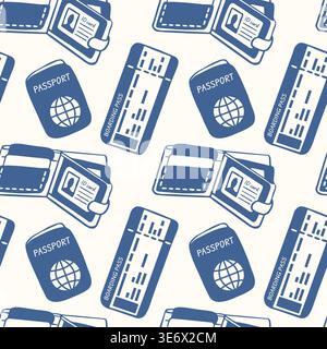 Seamless pattern with passport, boarding pass and wallet in flat style. Travel themed background for tourism design, textile, wrapping paper and Stock Vector