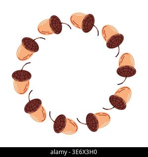 Autumn acorn wreath illustration in flat style on white background. Ideal for seasonal design, invitation, greeting card and decorative template. Stock Vector