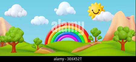 3d toy background. Rainbow field, hill in children sun park. Clouds, grass lawn as nature land art. Colorful nature, render glossy elements. Cartoon landscape for banner. Vector horizontal background Stock Vector