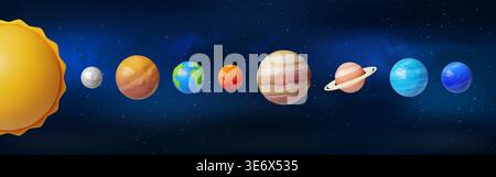3d solar system. Planet sun and jupiter in universe space, realistic plastic surface with mars in galaxy. Earth, mercury and venus, cartoon render isolated elements. Vector astronomical background Stock Vector