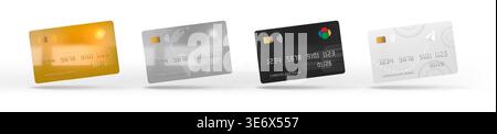 Credit card. Gold debit bank pay. Luxury golden or black business money symbol. International cashless payment. Realistic design template with chip and cardholder name. Vector financial objects set Stock Vector