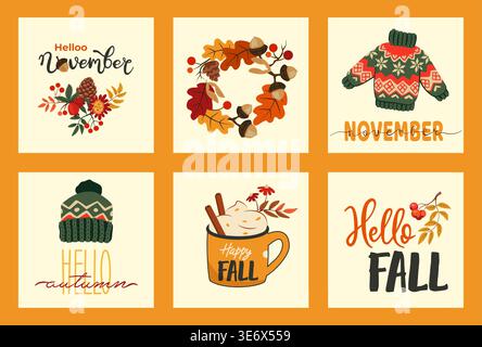 Cute autumn cards. Hello fall season holiday. Forest plant leaves wreath. Hot drink cup. November warm knitted hat and sweater. Cozy clothing. Autumnal oak acorn and rowan. Vector seasonal banners set Stock Vector
