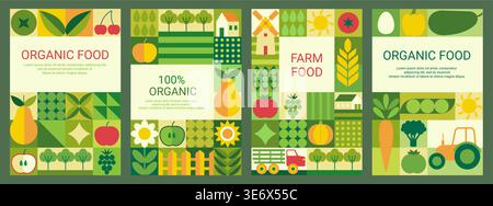 Food posters. Fruit graphic pattern, agriculture garden or abstract square farm flyer for modern organic fresh brand products. Geometric vegetables harvest cultivation, vector vertical design set Stock Vector