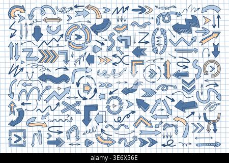 Doodle arrows. Cute hand drawn line sketch pointers, up pencil sign or vintage pointer element. Black and white background navigation symbols. Visualization presentation. Vector cartoon isolated set Stock Vector