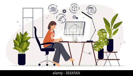 Woman work. Freelance at home, computer or secretary desk for business, marketing code. Remote character graphic designer. Creative process working. Vector cartoon flat style isolated illustration Stock Vector