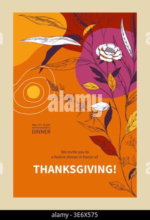 Happy autumn. Thanksgiving dinner invitation card. Fall season leaves or flowers. Sketch plants. Abstract orange spots. Camellia blossom. Seasonal holiday. Vector autumnal festive invite banner design Stock Vector