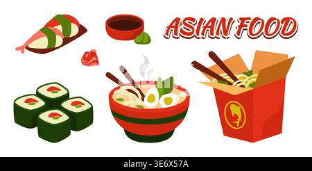 Food logo. Asian restaurant menu. Fastfood noodles box with chopsticks. Japanese sushi. Salmon sashimi. Ramen bowl. Soy sauce. Wasabi and marinated ginger. Seafood eating. Vector oriental meals set Stock Vector
