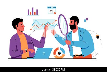 Business contract. Man with magnifier looking infographic and diagrams. Agreement files audit. Project documents analysis. Businessman analyzing data charts. People talking about deal. Vector concept Stock Vector