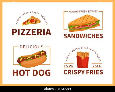Fast food logo. Pizza and burger cafe. Hotdog snack. Sandwich and fries potato. Pizzeria icon. Takeaway dinner. Fastfood restaurants badges design template. Brand stickers. Vector bistro labels set Stock Vector
