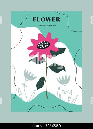 Nature banner. Floral shapes. Contemporary art. Color flower. Stem with leaves. Abstract flat spots. Organic curve forms. Summer blossom. Blooming plant. Botanical figures print. Vector modern card Stock Vector