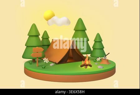 3d landscape render. Cartoon grass leaves render, bonfire cliff log for green travel hiking. Woodland camp with fire, outdoor recreation and adventures in forest. Nature exploration vector background Stock Vector