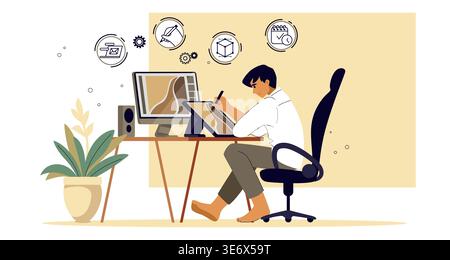 Man work. Freelance home programmer, laptop on desk table or remote student character. Coding employee workplace, illustrator or graphic designer. Vector cartoon flat style isolated minimal concept Stock Vector