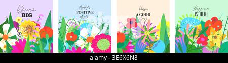Spring meadow poster. Square banner with yellow daisies and red wildflower illustrations. Aesthetic floral pattern for garden market flyers, easter cards and happy botanical notebook covers. Stock Vector