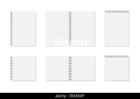 Set of white realistic notebook opened and closed with soft shadows. Vector vertical and square blank copybook with silver metallic binding spiral. Mo Stock Vector