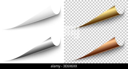 Set of white, silver, golden and bronze horizontal paper corner rolled up with soft shadow on white and transparent background. Vector page corner cur Stock Vector