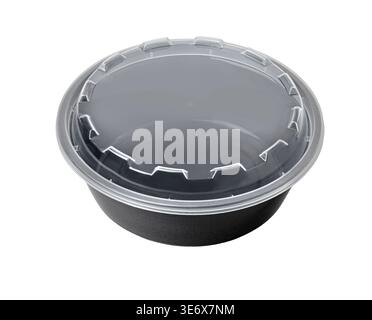 Round black plastic container with transparent lid on a white background Stock Photo