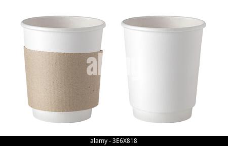 White disposable paper cups, one with a kraft sleeve, ready for branding designs Stock Photo