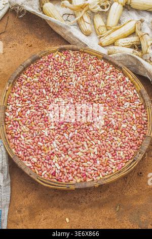 Vibrant beans and maize cobs on display at a local market in Sonda, Mzuzu, Malawi. The scene highlights fresh produce, agricultural products, and ever Stock Photo
