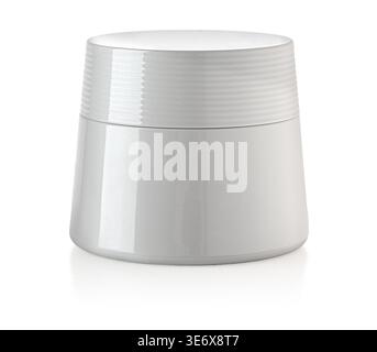 White plastic cream jar with ribbed cap for beauty products and skincare Stock Photo