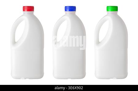 Three plastic jugs displaying different colored caps for various dairy products Stock Photo