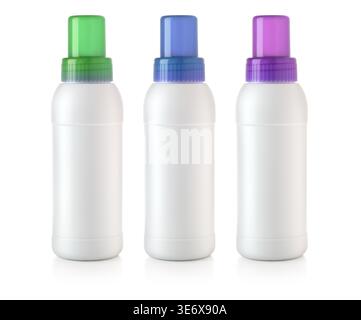 Three white cleaning product bottles with green, blue, and purple caps on transparent background Stock Photo